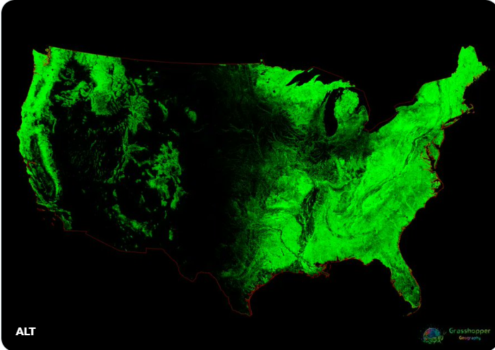 green forest of US mapped on black background on non-forest